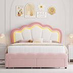 HOSTACK Full Upholstered LED Bed Frame with Storage Drawers, Cute Girls Bed with Adjustable Lotus Headboard, Velvet Princess Platform Bed Frame, Wooden Slats Support, No Box Spring Needed, Pink/Beige