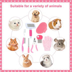 VCZONE Pink Small Animal Grooming Kit with Nail Clipper, Flea Comb, Shampoo Brush, Slicker Brush, Massage Glove for Rabbits