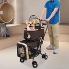 Double Pet Stroller with Detachable Carriers, Large Cat & Dog Stroller with 4 Wheels, Foldable Pet Strollers Small & Medium Dogs Cats 77lbs (Coffee Color)
