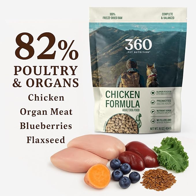 360 Pet Nutrition Freeze-Dried Raw Dog Food – Chicken Recipe with Liver & Organs, High Protein, Omega-3s, Fruits, Veggies & Superfoods, Grain-Free, No Fillers, 5 oz – Made in USA