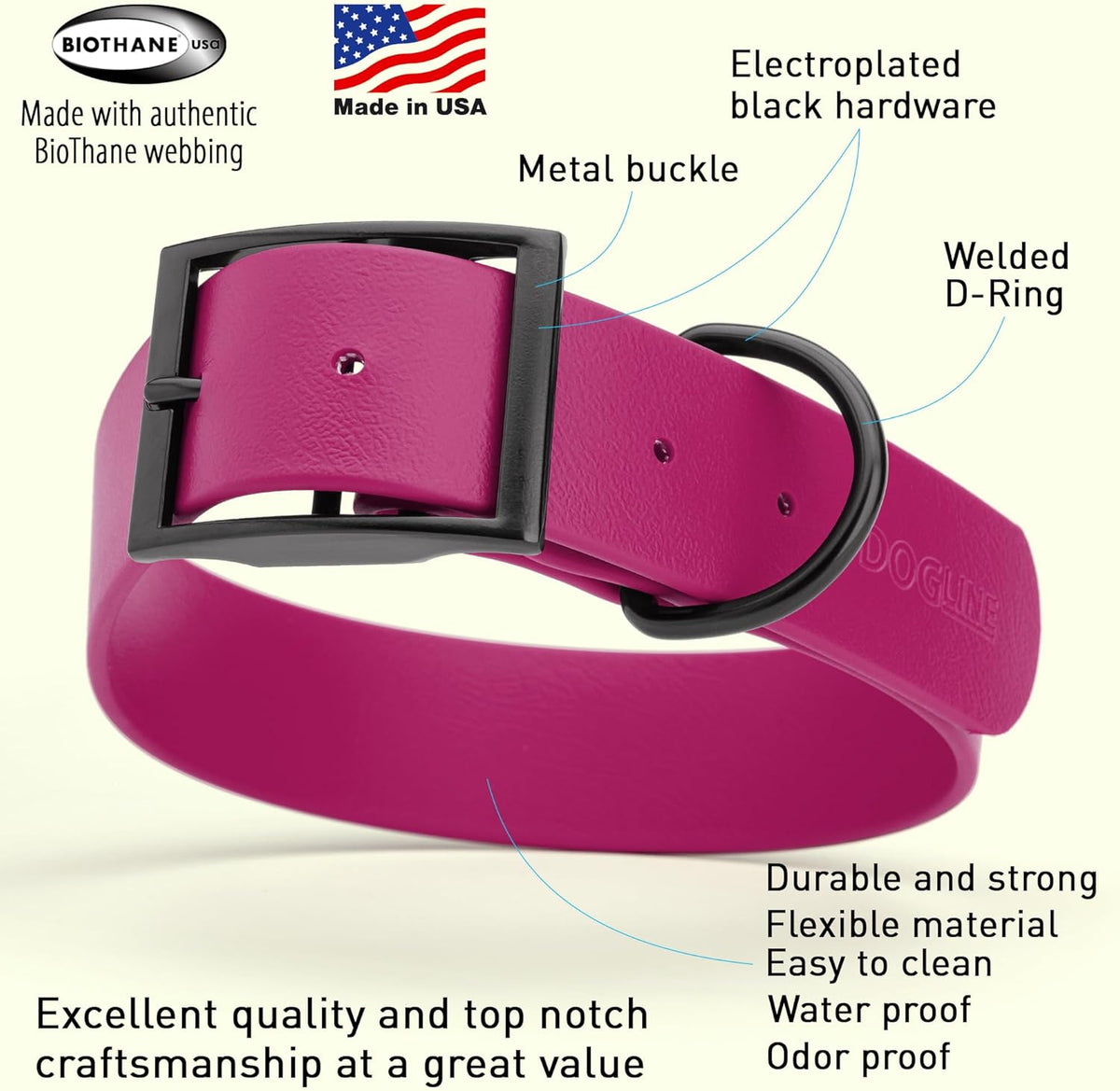 Dogline Biothane Waterproof Dog Collar Strong Coated Nylon Webbing with Black Hardware Odor- Proof for Easy Care Easy to Clean High Performance Fits Small Medium or Large Dogs, Magenta Pink