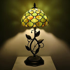 Small Tiffany Lamp Brown Green Pearl Style Stained Glass Table Lamps Desk Bedside Reading Light 8X8X18 Inches with Bronze Metal Leaf Resin Base
