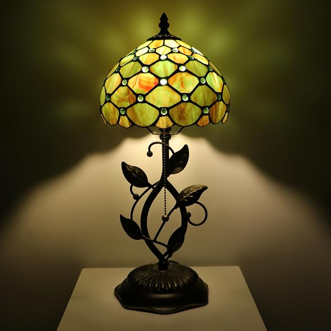 Small Tiffany Lamp Brown Green Pearl Style Stained Glass Table Lamps Desk Bedside Reading Light 8X8X18 Inches with Bronze Metal Leaf Resin Base