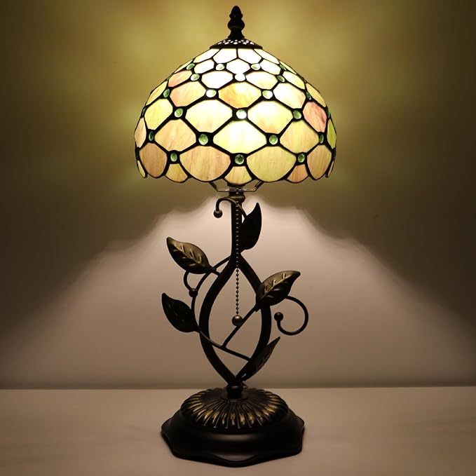 Small Tiffany Lamp Amber Green Pearl Style Stained Glass Table Lamps Desk Bedside Reading Light 8X8X18 Inches with Bronze Metal Leaf Resin Base