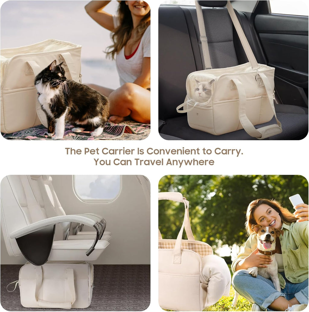 Dog Purse Carrier for Small Dogs, Soft Soft Sided Folding Dog Carriers for Small Dogs Medium Cats Puppies up to 15 Lbs, Washable Breathable Puppy Carrier for Outdoor Travel (Large Beige)