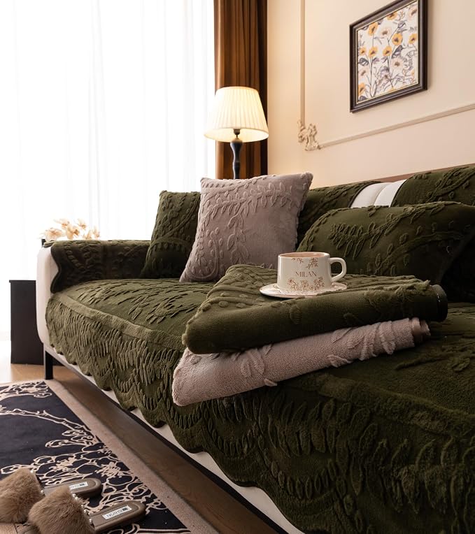 Green Fuzzy Rabbit Plush Sofa Cover Cozy Warm Sofa Couch Covers with 3D Jacquard Leaf Pattern Non-Slip Easy-to-Install Shaggy Sofa Slipcover Prefect for Kids Dogs Cats Cats(Green,36"x36")
