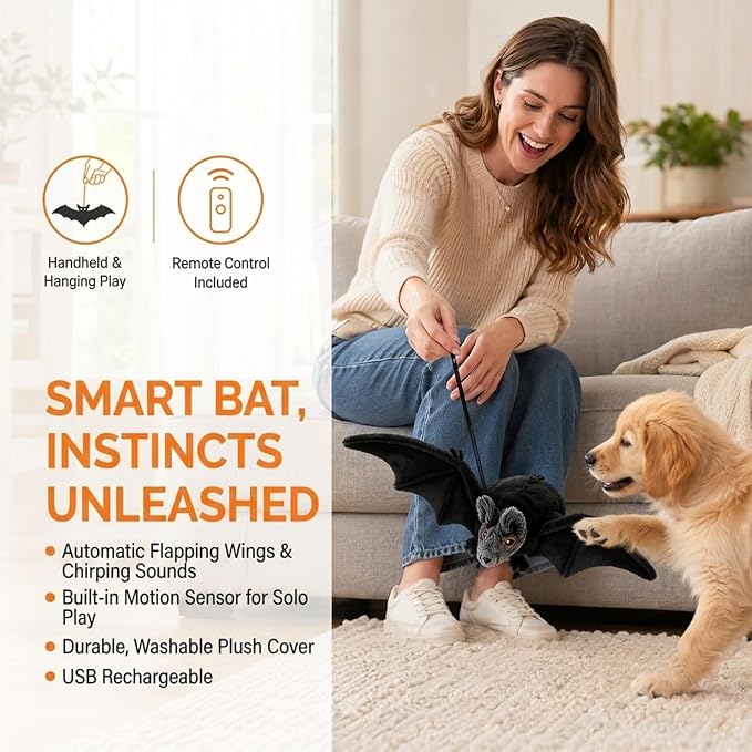 Interactive Flying Bat Dog Toy, Flapping Wings Cute Bat for Indoor Cats & Dogs, Automatic Flapping Wings with Chirping Sounds, Touch Activated, Rechargeable for Solo Play，Remote Control