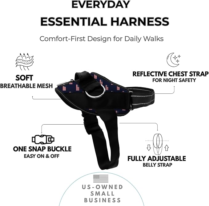 ShawnCo Essential Dog Harness, No-Pull Pet Vest (USA Flag,L) | 3 Leash Clips, Easy On, No-Choke, Reflective, Adjustable Fit, Padded Comfort, Control Handle, For Small, Medium & Large Dogs