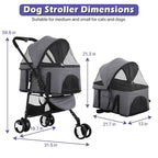 3-in-1 Folding Pet Stroller 3 Wheels Dog Cat Stroller with Detachable Carrier, Grey