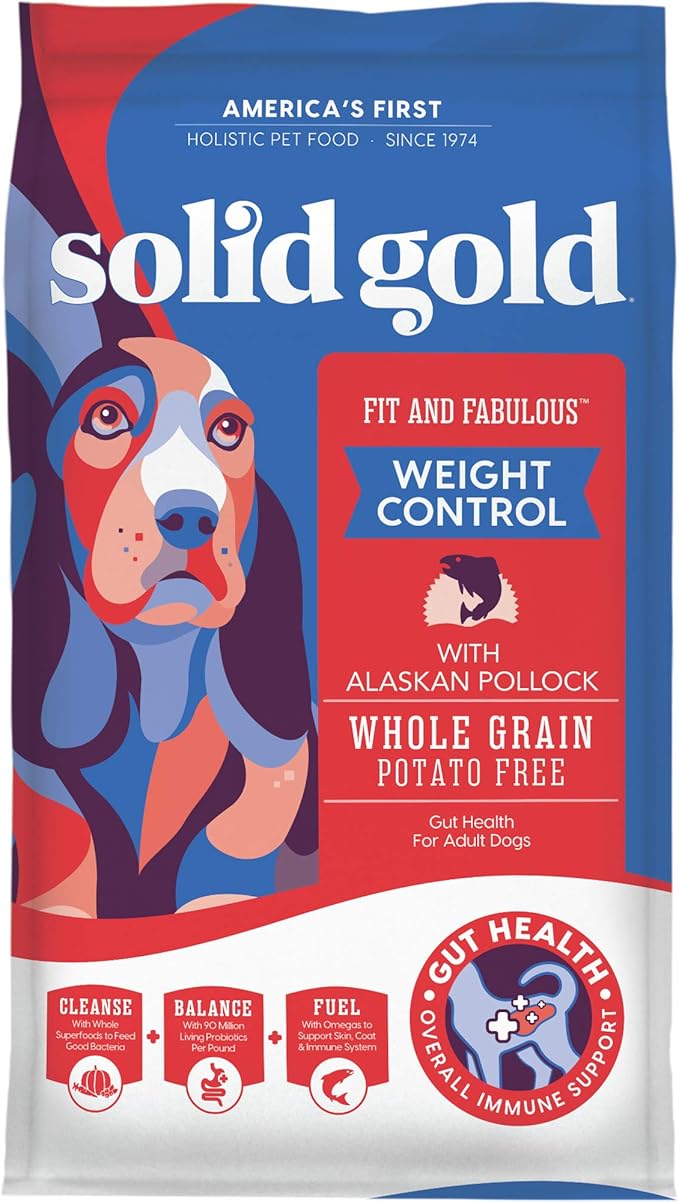 Solid Gold Healthy Weight Management Dry Dog Food for Adult & Senior Dogs - With Pollock, Whole Grain & Probiotics for Gut Health & Digestion Support - Dry Dog Food for Weight Management Support – 4LB