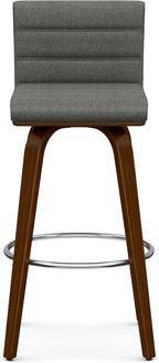 SIMPLIHOME Roland Swivel Bar Stool - 28 inch Seat Height Upholstered Wood Chair in Grey Linen Look Fabric, Mid Century Modern Seating for Kitchen or Bar with Curved Bentwood Back and Footrest