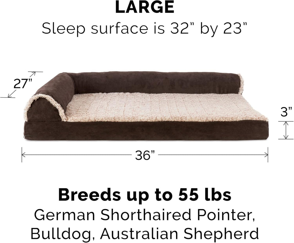 Furhaven Cooling Gel Dog Bed for Large/Medium Dogs w/ Removable Bolsters & Washable Cover, For Dogs Up to 55 lbs - Two-Tone Plush Faux Fur & Suede L Shaped Chaise - Espresso, Large