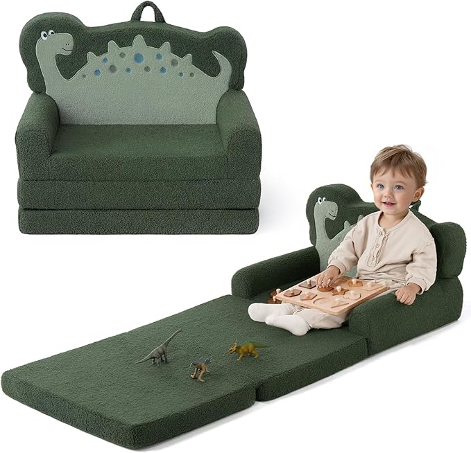 Blissful Diary Kids Couch, 2-in-1 Soft Toddler Couch Fold Out, Toddler Chair Comfy, Convertible Sofa to Lounger, Kids Furniture for Playroom, Gift for Birthday, Children's Day, Green Dinosaur
