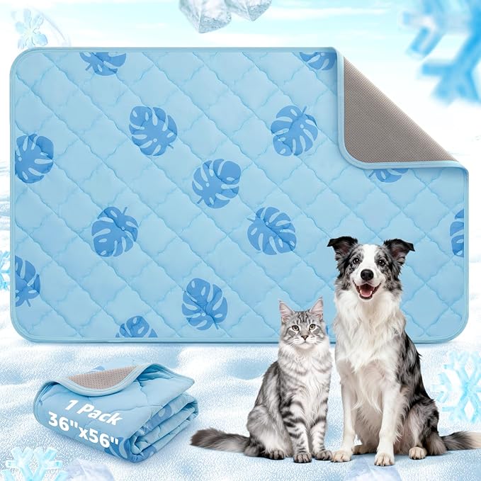 LOOBANI Dog Cooling Mat for Large Dogs - 56"x36" Pet Cooling Mat with Anti-Slip Bottom, Waterproof Self-Cooling Dog Pad for Crate, Floor & Car, Grey Monstera (Blue, 56"x36")
