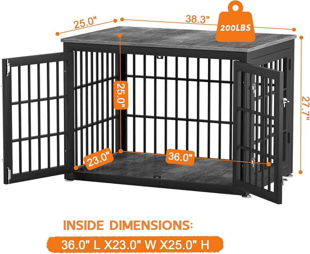 38 Inch Heavy Duty Dog Crate Furniture for Large and Medium Dogs, Decorative Pet House End Table, Wooden Cage Kennel Furniture Indoor, Gray