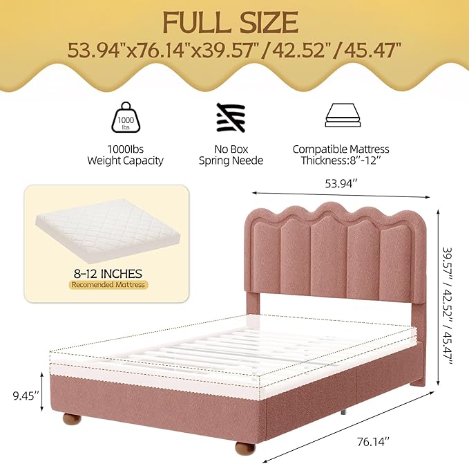 Full Size Bed Frame with Headboard, Boucle Bed Frame, Soft Upholstered Platform Cloud Bedframe with Footboard, Solid Wood Legs, Solid Wooden Slats Support, No Box Spring Required, Easy Assembly, Grey