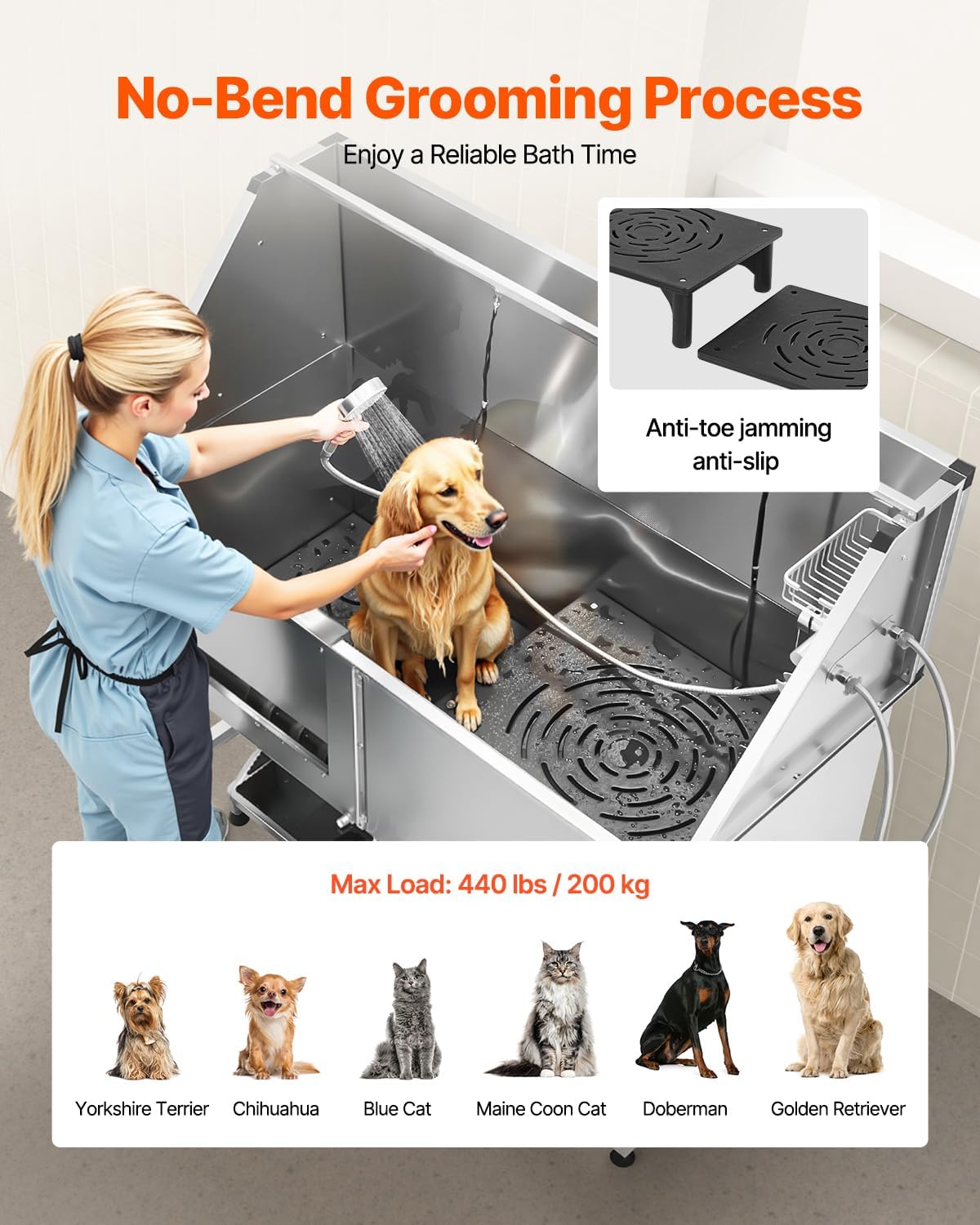 VEVOR Stainless Steel Dog Washing Station, Professional 62 inch Pet Grooming Tub w/Stairs, PE Water Filter Board, Faucet & Showerhead & Soap Holder Bathtub for Large & Medium & Small Pets (Left Door)