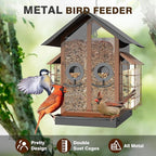 FlowaFoli Bird Feeders for Outdoors, Metal Bird Feeder with Double Suet Cage Weatherproof Metal Roof, 2 in 1 Mixed Seeds Suet Feeder, 4Lbs Large Capacity, Great for Finch、Cardinal、Chickadee（Brown）