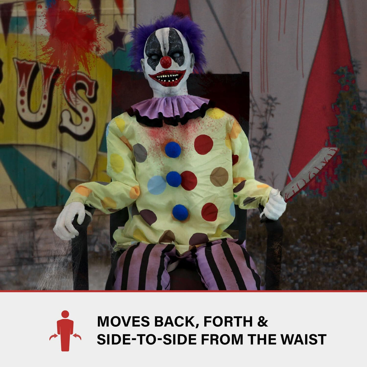 Haunted Hill Farm Motion-Activated Thrashing Clown with a Meat Cleaver by Tekky, Sitting Halloween Animatronic for Indoor or Covered Outdoor Creepy Halloween Decorations, Plug-in or Battery Operated