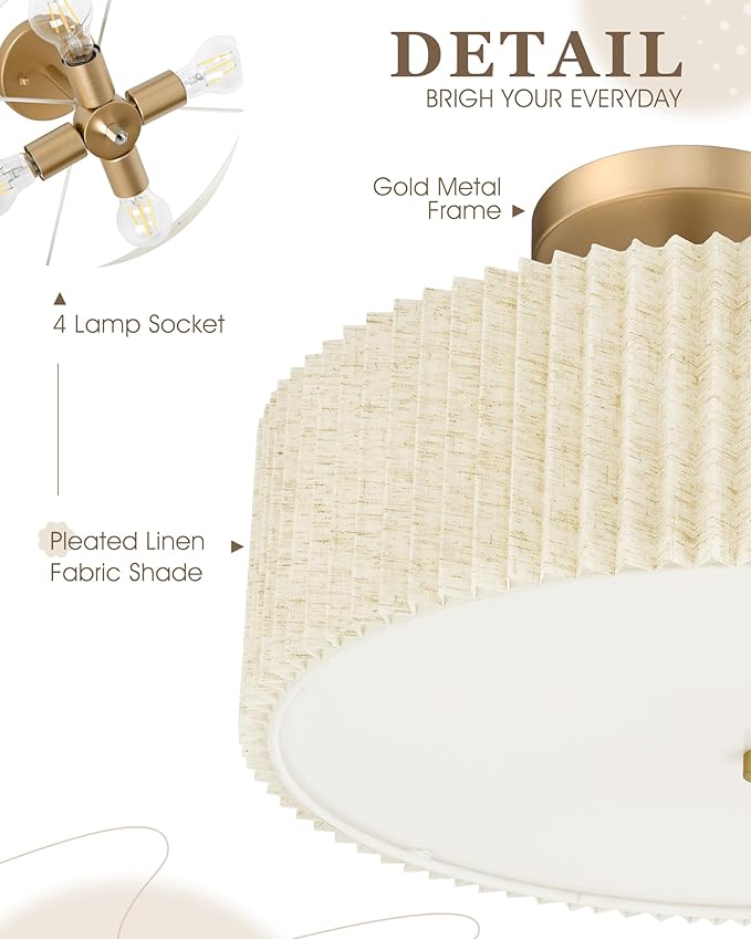 Semi Flush Mount Ceiling Lights, 4-Light 18" Gold Light Fixtures Ceiling Mount with Pleated Linen Fabric Shade, Drum Lighting Fixture for Nursery Hallway Bedroom Kitchen, AD-25036-4SF-GD-B