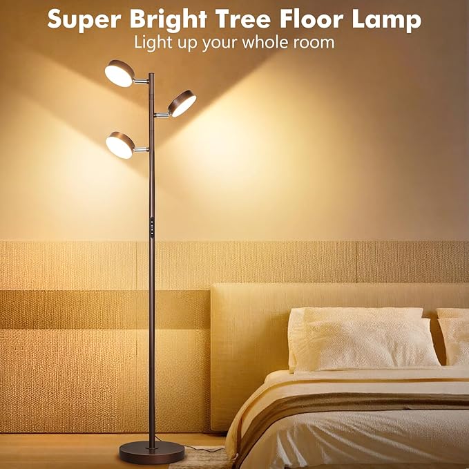 Tree Floor Lamp for Living Room - Modern Brown Standing Lamp, LED Floor Light with Remote & Touch, 3000K-6000K Dimmable for Bedroom Office Reading (3 Head)