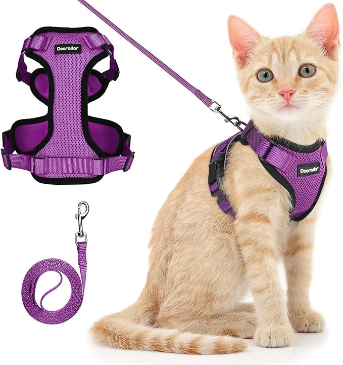 Dooradar Cat Harness and Leash Set, Escape Proof Safe Adjustable Kitten Vest Harnesses for Walking, Easy Control Soft Breathable Mesh Jacket with Reflective Strips for Cats, Purple, M