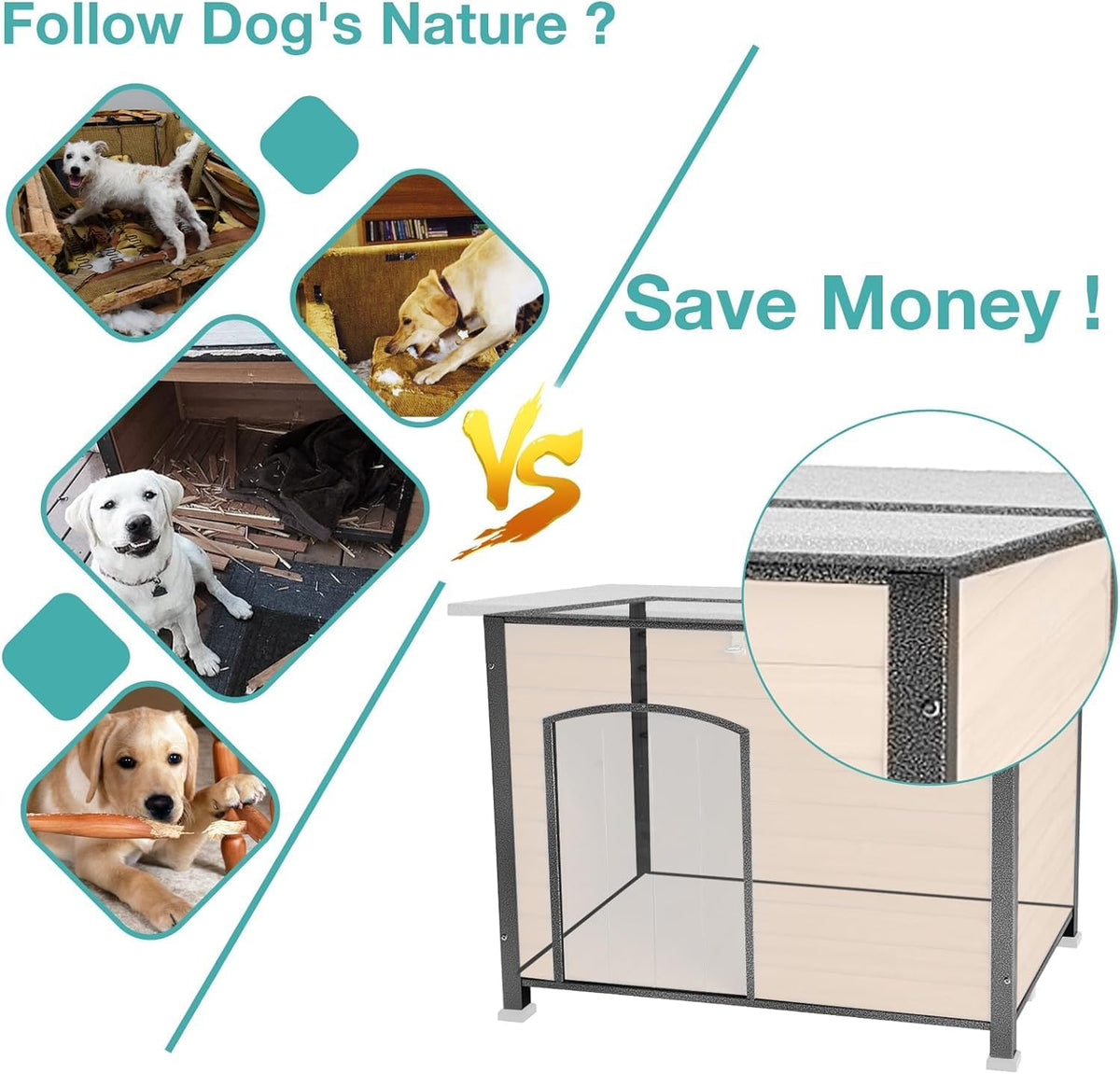 Feral Dog House Outdoor,Anti Bite Iron Frame Dog Kennel,Wood Warm Pets Home,Insulated Weatherproof Outside Shelter for Feral Animal (33.5"(L)×22"(W)×25.2"(H)-Brown-in)