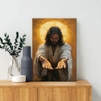 Framed Jesus Canvas Wall Art Painting with Gold Halo Christian Religious Poster Inspirational Christian Gallery Decor Painting Home Church Prayer Room Wall Hanging Print 24x36 Inch Ready to Hang