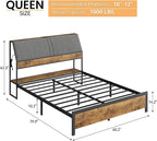 Queen Size Platform Bed Frame with Ergonomic Upholstered Headboard, Built-in Charging Station, Storage Headboard, Sturdy Metal Slats, No Box Spring Needed, Easy Assembly