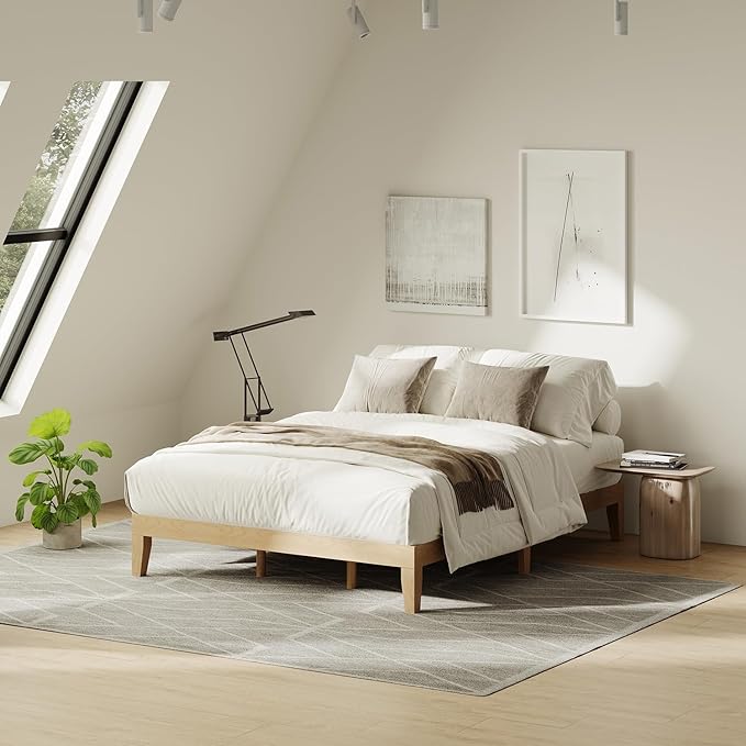 Queen Size Wood Platform Bed Frame, 12 Inch Solid Wood Bed Frame with Wooden Slats, No Box Spring Needed, Easy Assembly, Rustic Pine