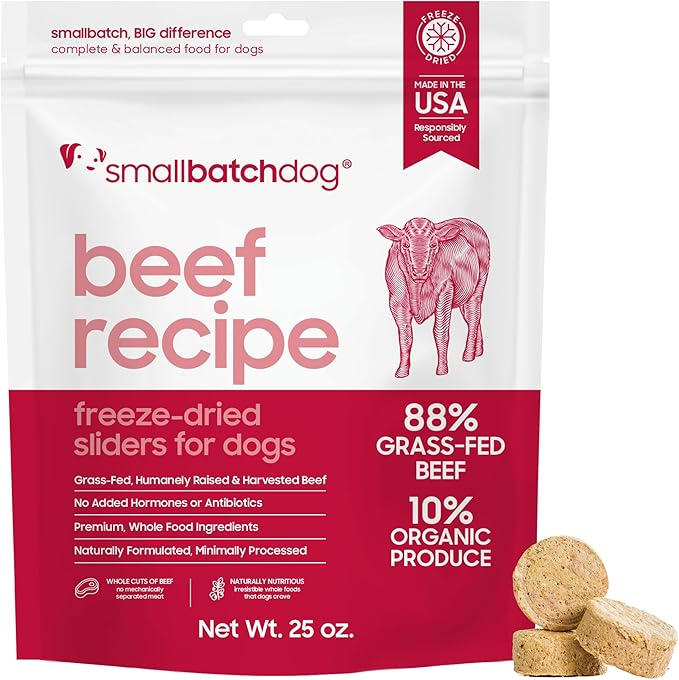 smallbatch Pets Freeze Dried Raw Dog Food, Beef Recipe, 25 oz, Organic High Protein Dog Food, Grain Free, Made in The USA, Humanely Raised Meat, Single Protein, for Picky Eaters, Hydrate & Serve