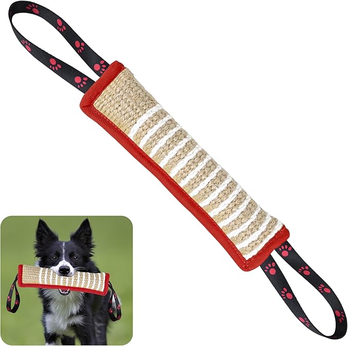 Dog Tug Toy Dog Bite Jute Pillow Pull Toy with 2 Strong Handles Perfect for Tug of War, Puppy Interactive Play, Tear Resistant Bite Training Toys for Small Medium Large Dogs (Red Footprint)