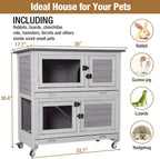 Rabbit Hutch Outdoor Indoor Bunny Cage 2 with Large Pull-Out Trays 2 Story Guinea Pig Cage on Wheels- Move Freely