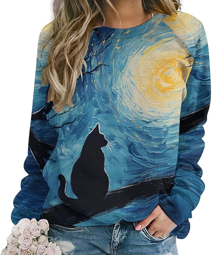Long Sleeve Shirts for Women Cat Oil Painting Shirt 3D Graphic Sweatshirts Fall Pullover Crewneck Vintage Boho Tops