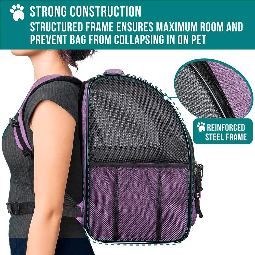 PetAmi Dog Backpack Carrier for Small Large Cat, Pet, Puppy, Ventilated Pet Hiking Backpack Travel Bag, Airline Approved Cat Backpack Carrier, Camping Biking Dog Bag Up to 18lbs Pet, Purple