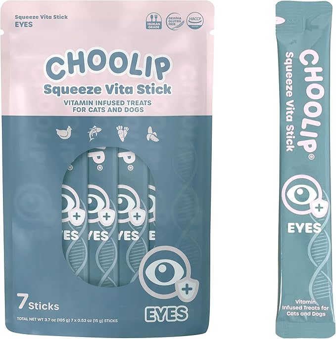 Choolip Squeeze Vita Stick Lickable Cat Treats & Dog Puree – 7-Count Eye Support Tubes, Creamy Grain-Free High-Protein Puree with Lutein, Astaxanthin & Omega 3 for Healthy Vision & Eye Care