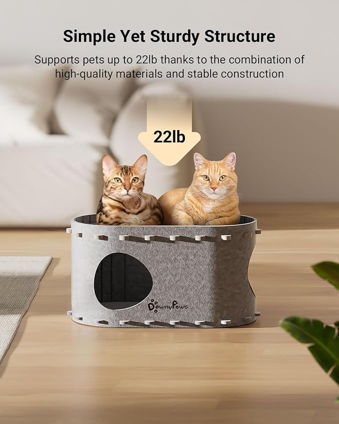 DownyPaws Cat House for Indoor Cats, Cat Bed Cave for Multiple & Large Cats Up to 22 Lbs, Scratch Resistant, Foldable Peekaboo Kitten Caves Tunnel Enclosed Bed, PeekaPurr, Light Gray