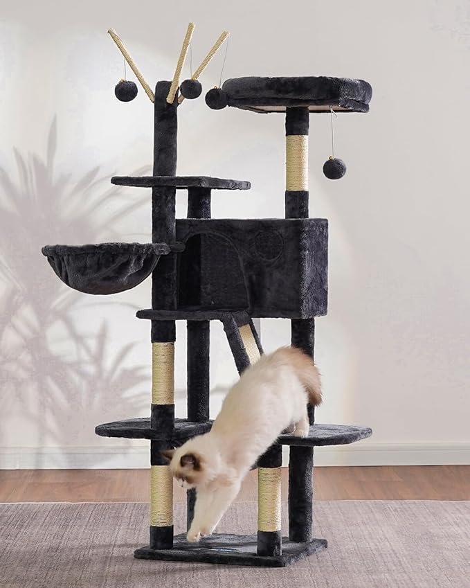 Hey-brother Cat Tree, 53 inch Cat Tower for Indoor Cats, Cat House with Padded Platform Bed, Toy Balls, Large Cozy Condo, Hammocks and Sisal Scratching Posts, Smoky Gray MPJ019-SG