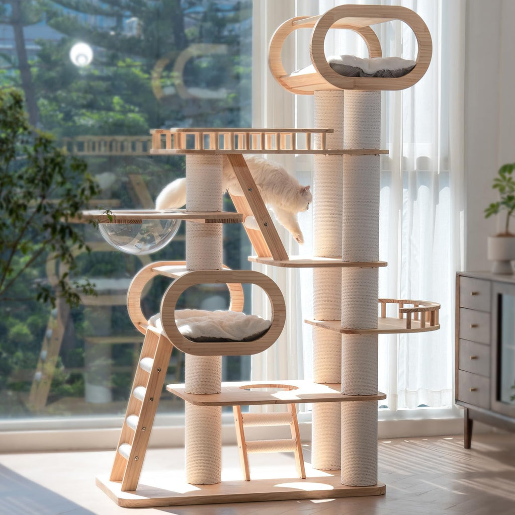 76.8'' Modern Cat Tree for Indoor Cats, Tall Wooden Cat Tower for Home Decoration, Multi-Level Tower with Transparent Cat Bed, Huge Cat Condo for Multi-Cat Families