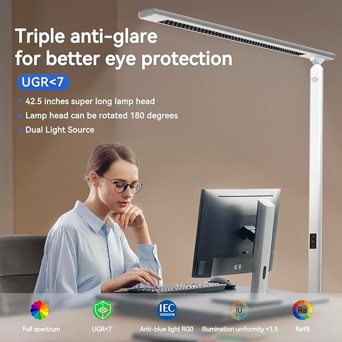 100W LED Floor Lamp for Office, 76.6'' Dimmable 4000K 10400LM Natural Full Spectrum Daylight Eye-Caring Standing Lamp with Rotatable Lamp Head for Office Meeting Room Studying Room Workshop