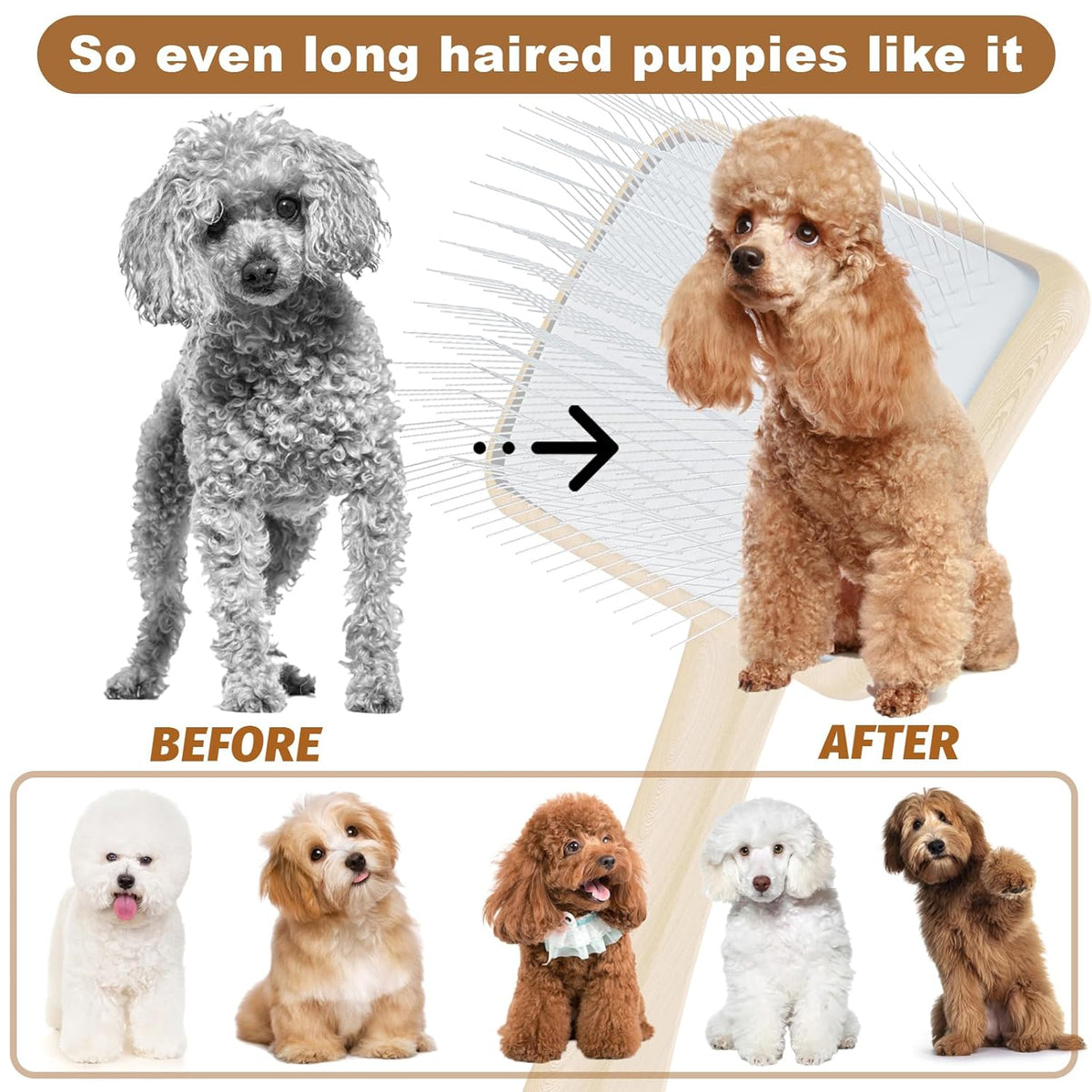 Slicker Brush for Dog, Doodles and Poodle Brush, for Tangles, Fluff Coat, Curly Hair Pets, Remove Loose Fur, Matts, Undercoat, Double Coat, 24mm Pins, 3.5''*2.4'' Head, Medium Size, Wood