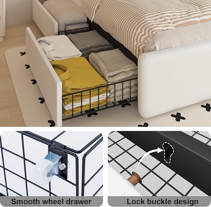 King Bed Frame with 4 Storage Drawers and Adjustable Headboard, Upholstered Platform Bed with LED Lights and USB Ports, Solid Wooden Slats Support, No Box Spring Needed, Easy Assembly, White