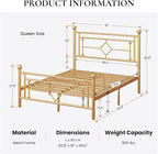 SHA CERLIN 14 Inches Queen Size Metal Platform Bed Frame/Vintage Iron-Art Headboard and Footboard/Mattress Foundation for Storage/No Box Spring Needed/Noise-Free/Easy Assembly/Gold