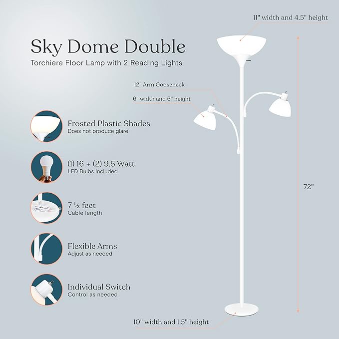 Brightech Sky Dome Double – High Brightness Torchiere Floor Lamp with 2 Reading Lights for Living Rooms, Bedrooms – Replace Halogen Standing Lamps with Efficient LED Office Lighting - Tall White Pole