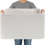 Woven Blanket Basket,65L Large Storage Bin for Blankets Toys Clothes,Decorative Rope Basket for Living Room Bedroom with Handles, White