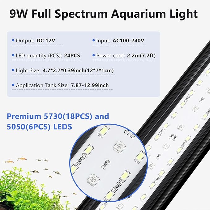 fishkeeper Clip On Aquarium LED Light, 24/7 Mode Full Spectrum Fish Tank Light with Timer, Adjustable 8 Color / 5 Brightness Simulate Sunrise-Day-Sunset-Moon for 7.87-12.99 inch Planted Tank 9W