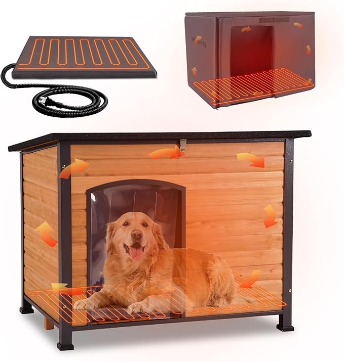 GUTINNEEN Large Outdoor Dog House Heated Dog House for Outside Insulated Weatherproof Dog Shelter with Heated Pad, Insulated All-Round Thermal Liner, Chew-Proof Metal Frame for Large Breed