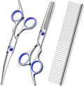 Professional Dog Grooming Scissors Kit, Titanium Coated Dog Scissors for Grooming, Grooming Shears Kit - Thinning, Curved Scissors and Comb for Dog Cat Pet (Blue 4 in 1)