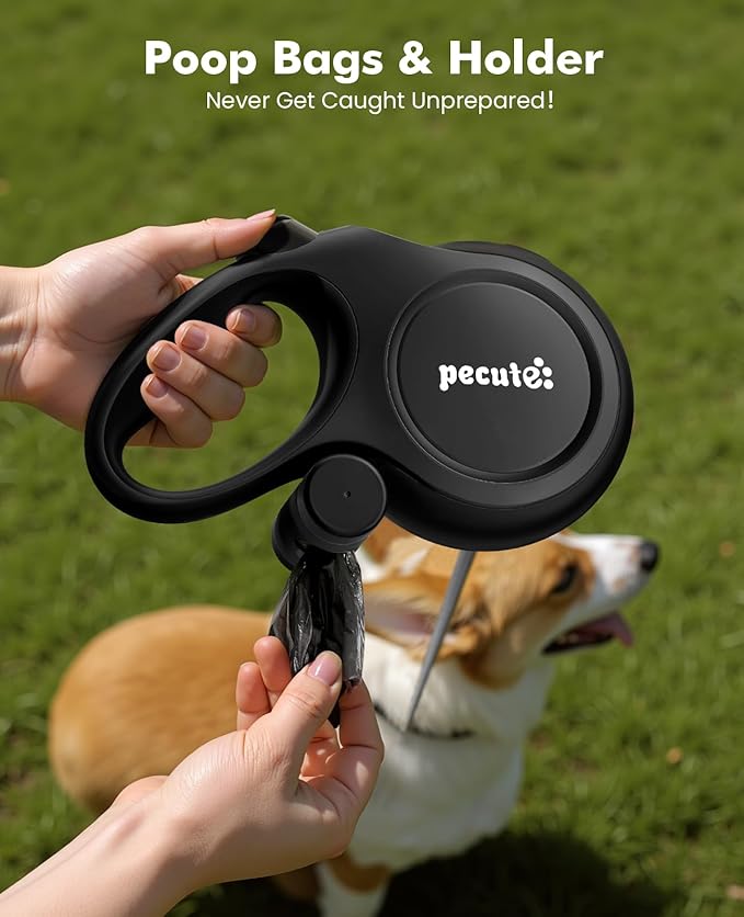 26ft Retractable Dog Leash, Heavy Duty Retractable Pet Leash with Poop Bag Holder, Anti-Slip Soft Grip, Reflective Dog Leashes for Medium Dogs Large Dogs up to 110 lbs(Black)