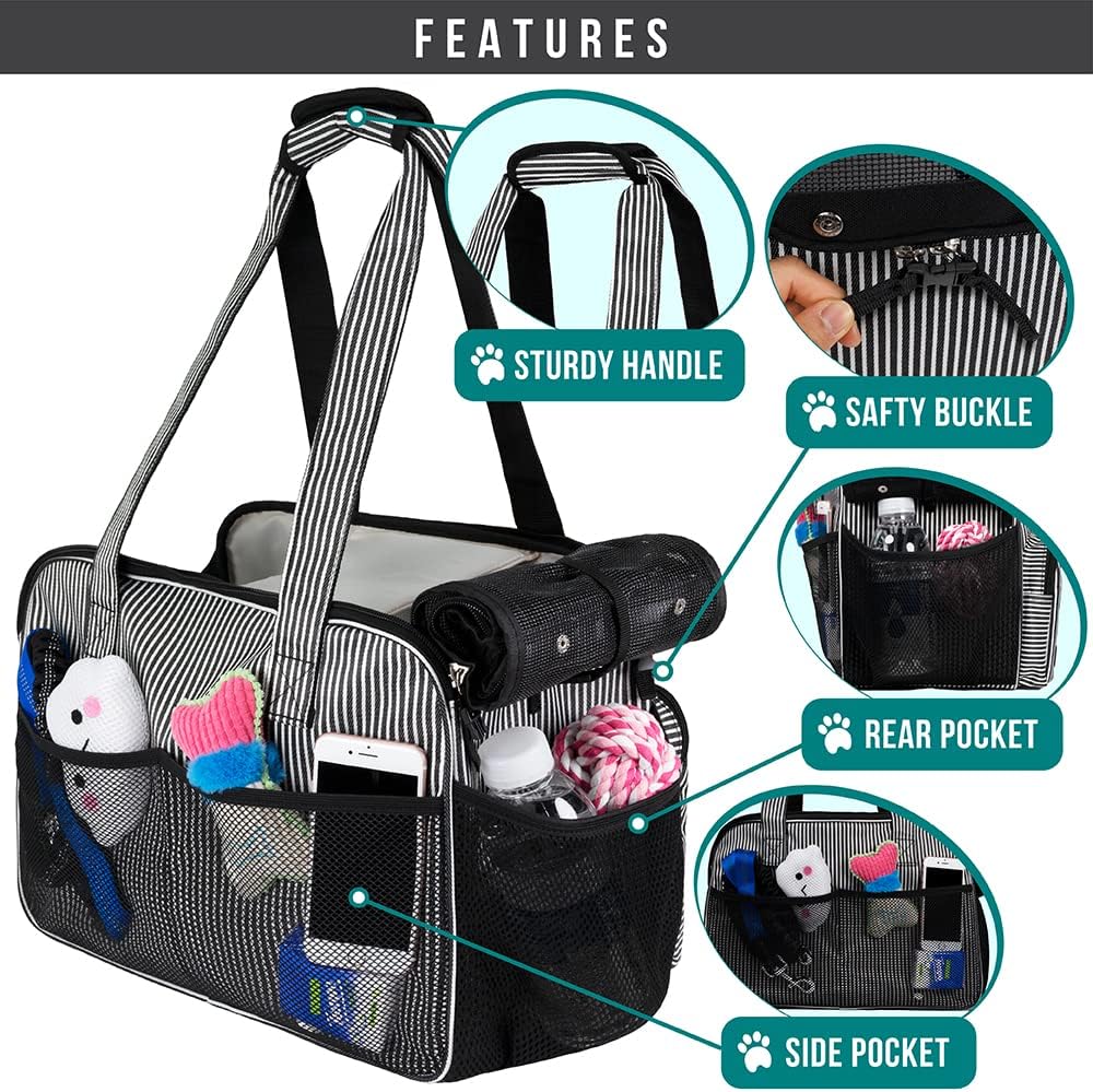 PetAmi Small Dog Purse Carrier, Soft-Sided Pet Carrier Bag with Pockets, Portable Puppy Cat Travel Handbag Tote, Airline Approved Breathable Mesh, Poop Bag Dispenser, Max 18 lbs, Stripe Black